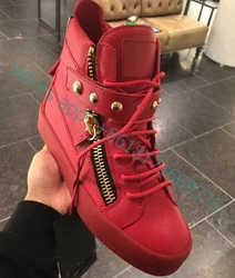 Fashion Sports Metal Decor Red High-top Sneakers Men Leather 2022 Shoes Women Side Zipper Running Lace up Buckle New Sneakers