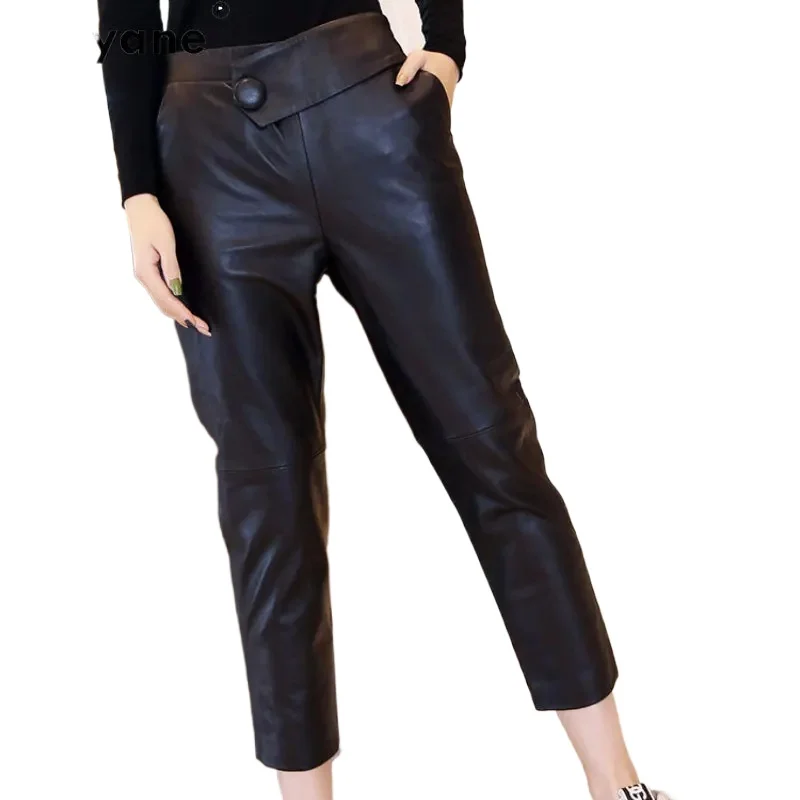 

Tajiyane Genuine Sheepskin Leather Pants Women Elastic Waist Casual Small Foot Trousers Korean Fashion Streetwear Black Pants SG