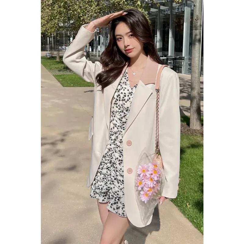 

Women's Spliced Blazer Jacket Contrast Collar Single Breasted Office Blazer