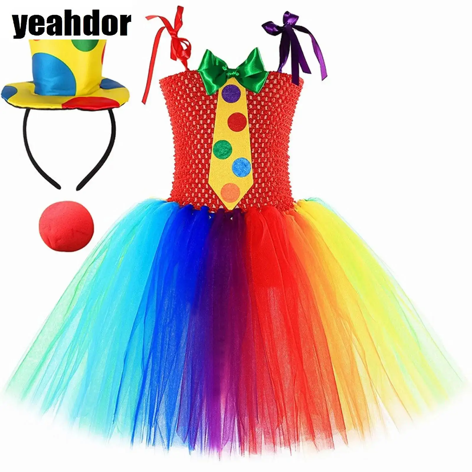 

Rainbow Circus Cosplay Costume Girls Funny Joker Halloween Tutu Dress Circus Puffy Dress Xmas Carnivals Birthday Party Outfits