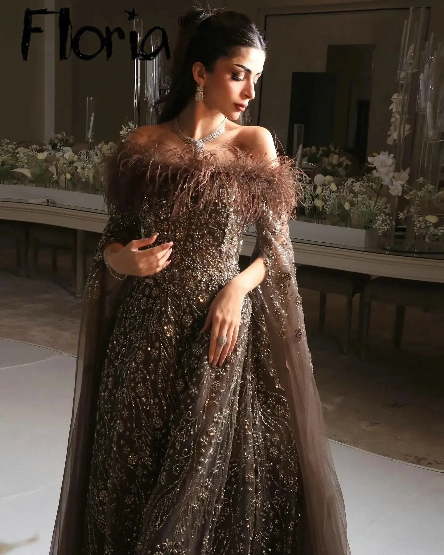 Floria Brown Boat Neck Feather Evening Dress With Long Cape Sleeve Dubai Luxury Floral Lace Wedding Engagement Gowns Plus Size