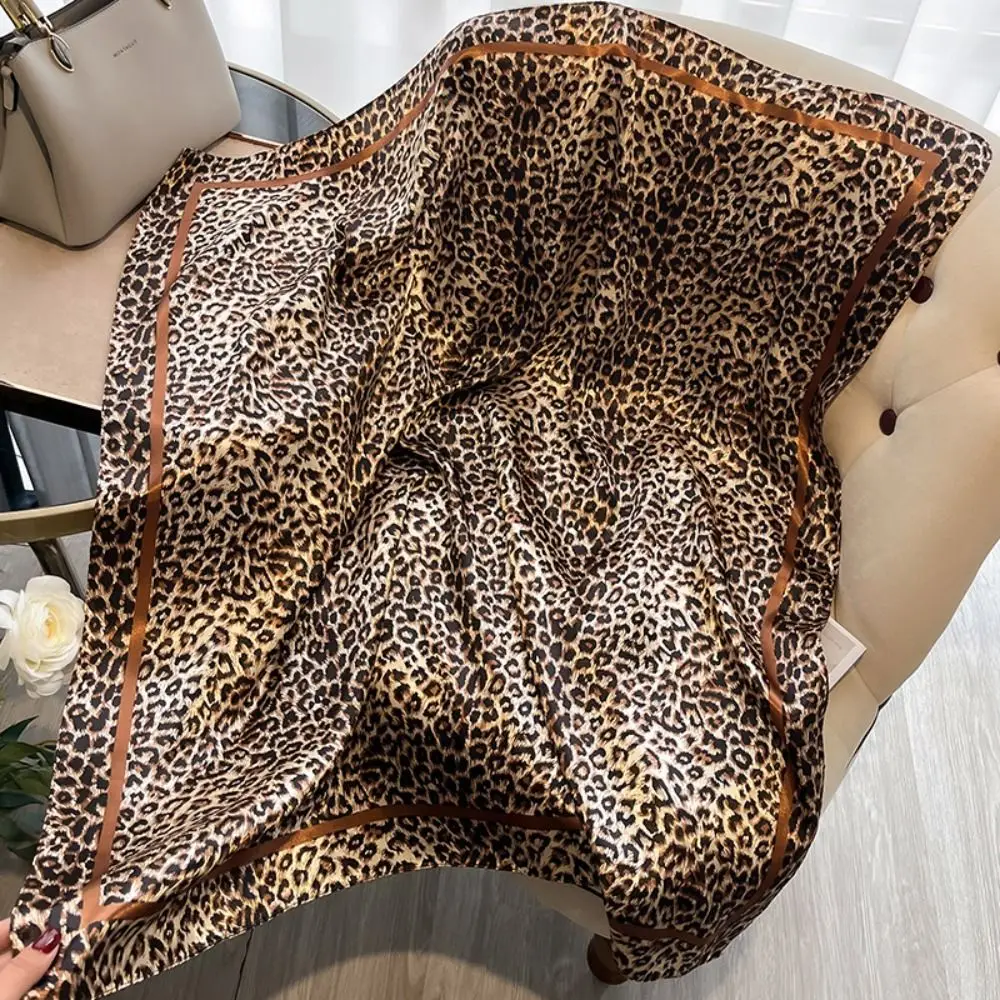 Elegant 90cm Women Square Scarf Leopard Print Satin Bandana Lady Hair Shawl Wrap Neck Foulard Large Hijab Female Neckerchief