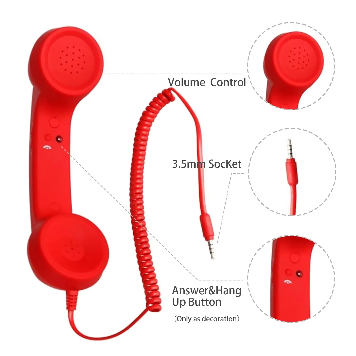 Retro Cell Phone Handset, 3.5mm Wired Vintage Telephone Receiver 3.5mm Audio Jack, Easy Plug-And-Play Without Extra Driver