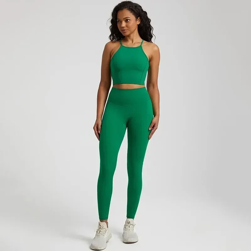 Conjunto de sutiã esportivo e legging com costas de limão para mulheres, ginásio fitness, legging para ioga, treino abrangente, roupa de jogging, gola redonda, 2 peças