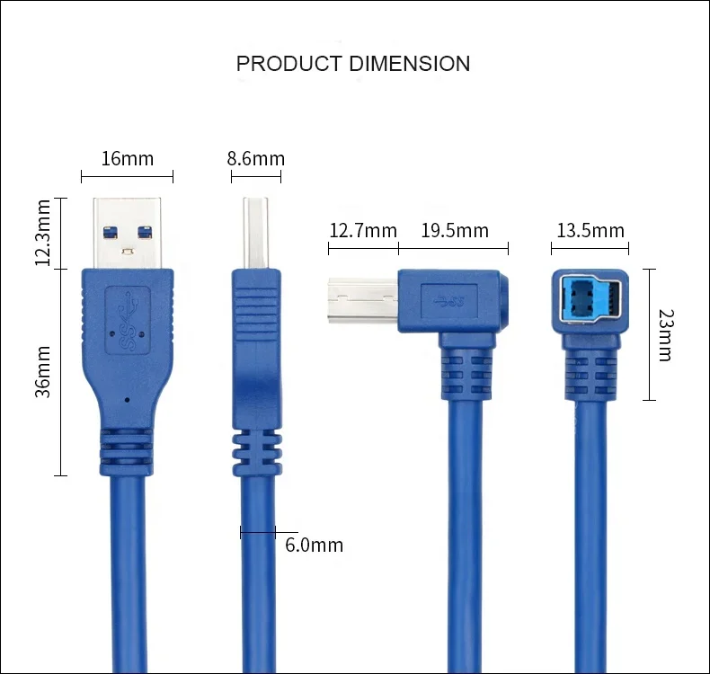 الزاوية اليمنى USB 3.0 نوع A ذكر إلى نوع B كابل ذكر 2 متر 2.5 متر 3 متر لمحطة الإرساء ، محركات الأقراص الصلبة الخارجية ، الماسح الضوئي ، الطابعة