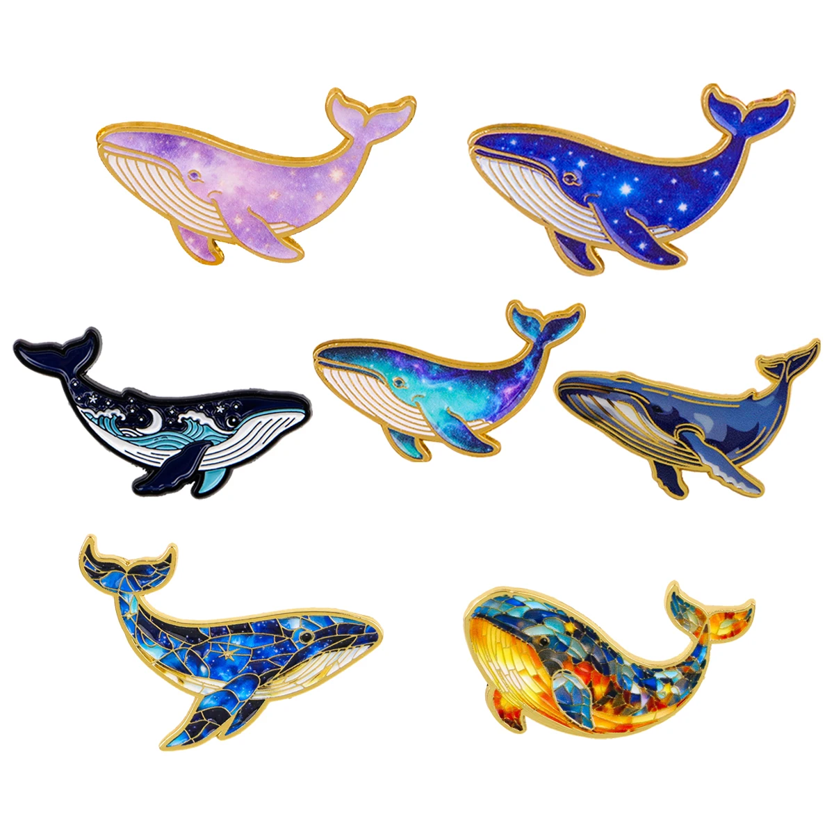 7pcs/Set Colorful Whales Enamel Pin Stained Glass Brooch Pines Lapel Pins Badge on Backpack Costume Accessories Jewelry Gifts