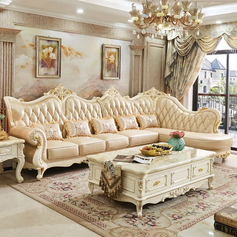 غرفة معيشة زاوية، أريكة فنية جلدية جديدة فاخرة مكونة من 7 أحرف على شكل حرف L من الخشب الصلب المنحوت على شكل زهرة 2024