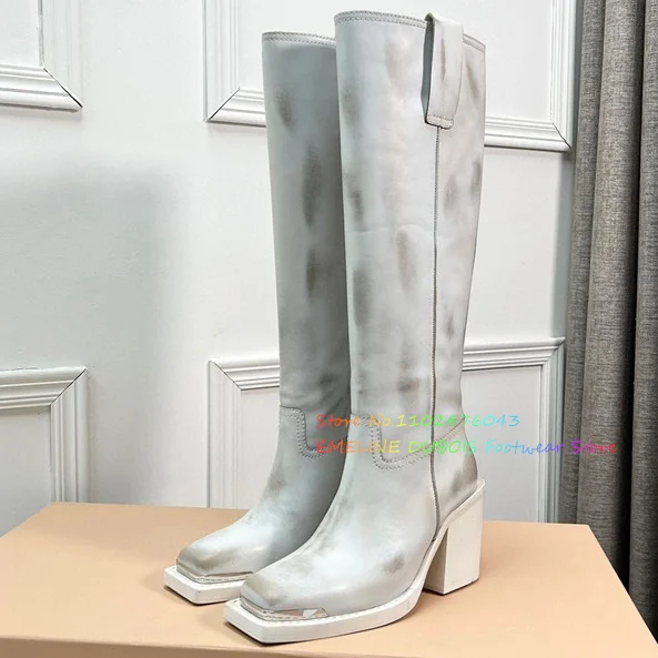 New Retro Metal Square Toe Chunky Heels Knight Boots Old-Made Real Leather Chelsea Boots Women Western Cowboy Knee High Boots