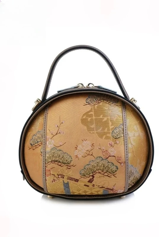 Tang Brocade Western Weave Zipper Handbag, New Chinese Shoulder Bag, Satin Ethnic Egg Shaped Crossbody Bag for Women