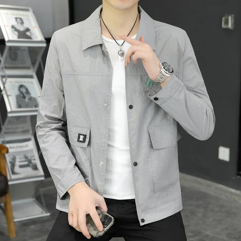 

Мужская летняя легкая повседневная куртка из ледяного шелка с защитой от солнца, с отложным воротником, длинными рукавами, модная, дышащая, универсальная верхняя одежда