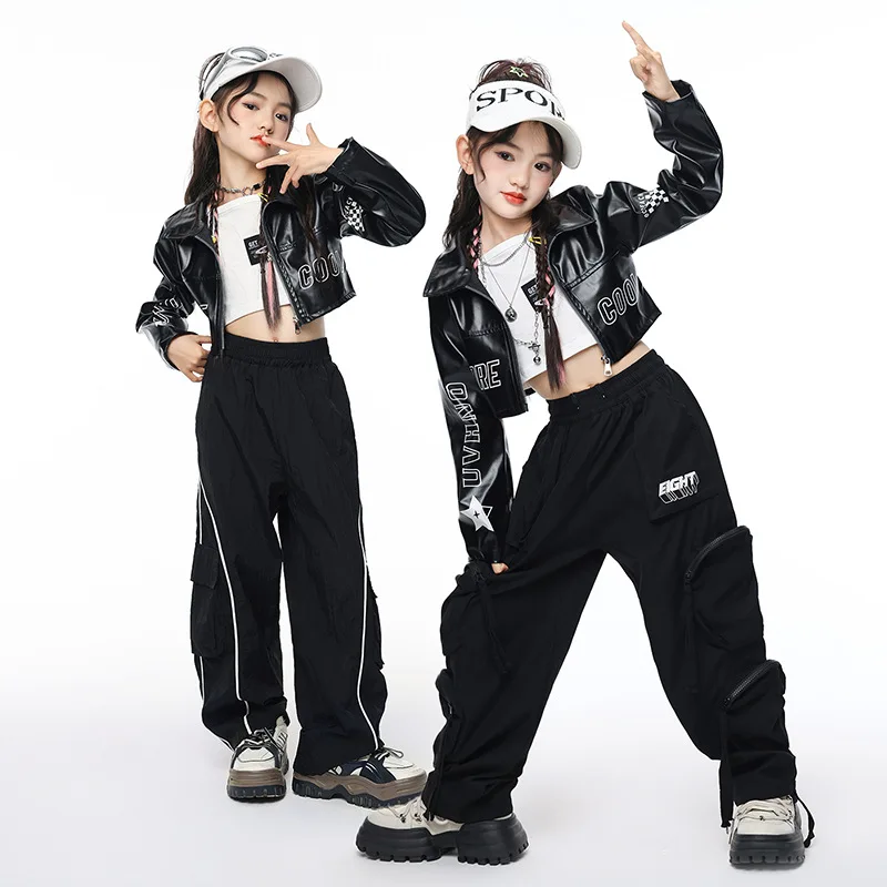 

Kid Cool Hip Hop Clothing Black Faux Leather Jacket Crop Top Casual Multi Pocket Cargo Pants for Girl Jazz Dance Costume Clothes
