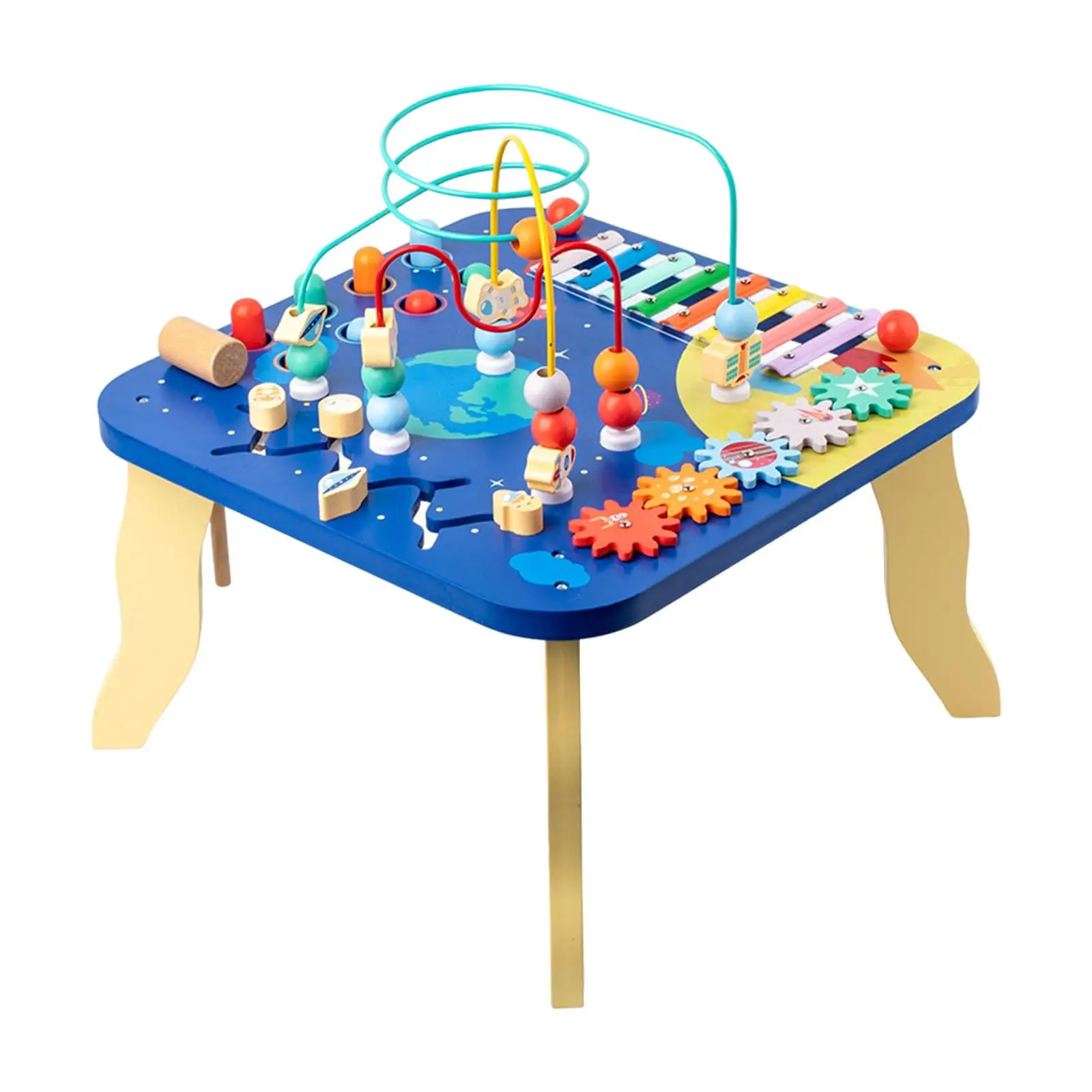 Wooden Activity Table Sensory Toy, Bead Maze Coordination Montessori Music Xylophone Toy for Infant Boys Girls Kids Baby