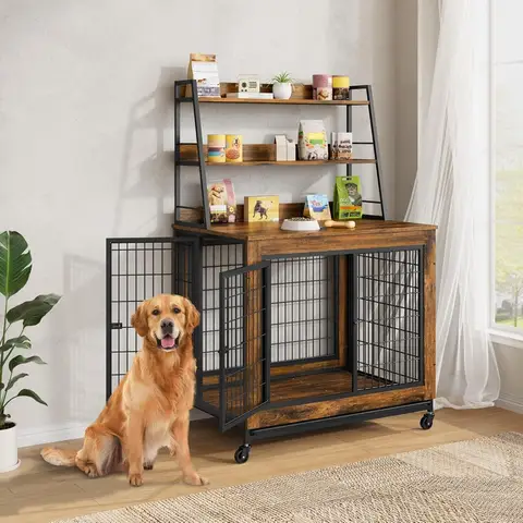 Meubles de caisse pour chien de 38 pouces avec étagères de rangement, Table d'appoint pour chenil pour chien avec roue, grande Cage intérieure en bois pour animaux de compagnie avec plateau
