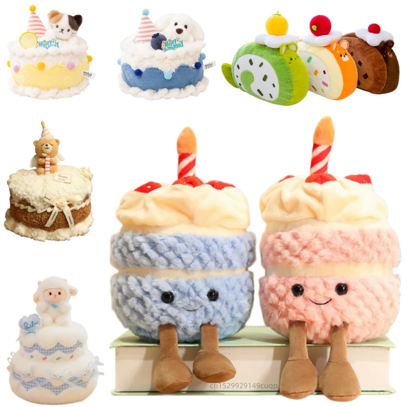 Kawaii INS Hot Smile Cake Plush Doll High Quality Soft Stuffed Fruit Swiss Roll Wedding Birthday Cake Food Plush Toy Home Decor