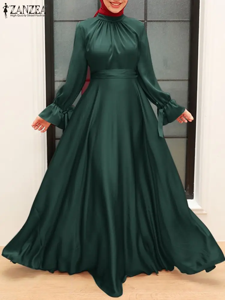 

ZANZEA Elegant Satin Long Dresses Women Muslim Fashion Cinched Waist Hijab Islamic Abaya Robes 2024 Autumn Long Sleeve Vestidos