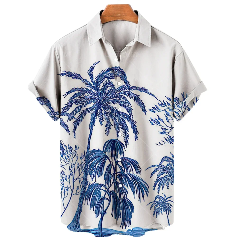 Coconut Tree Printed Hawaiian Shirt Simple Summer Style Beach Shirts Men's Seaside Quick Drying Short Sleeve Top Casual Men Wear