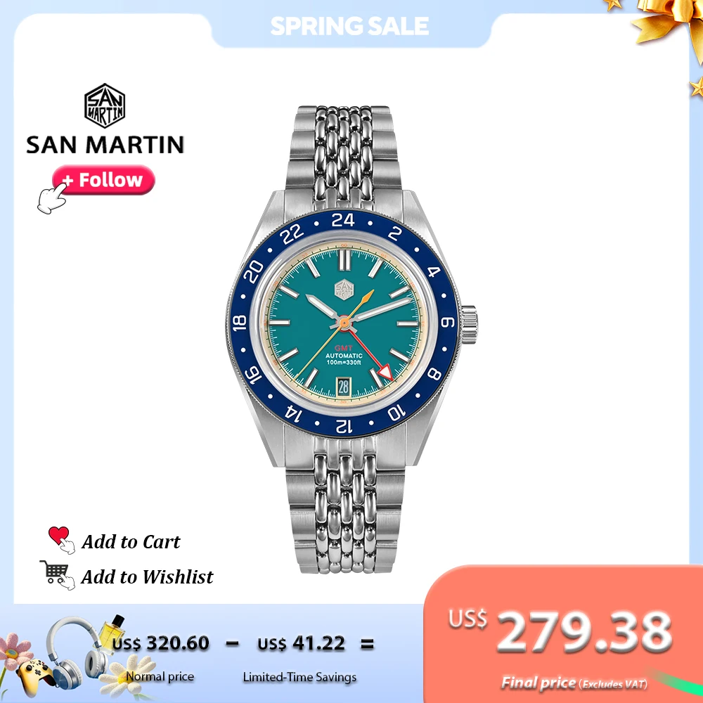 

San Martin Original Design Men Watch 39.5mm GMT Swim Sport NH34 Automatic Mechanical Wristwatch Waterproof 100m Luminous SN0116