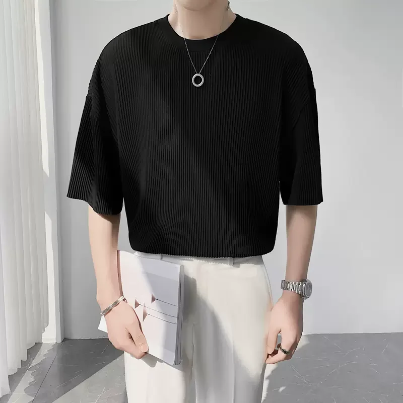 Korean High Street Summer T-Shirts Men Round Neck Solid Ice Silk Fabric Screw Thread Casual Versatile Half Sleeve Loose Tops