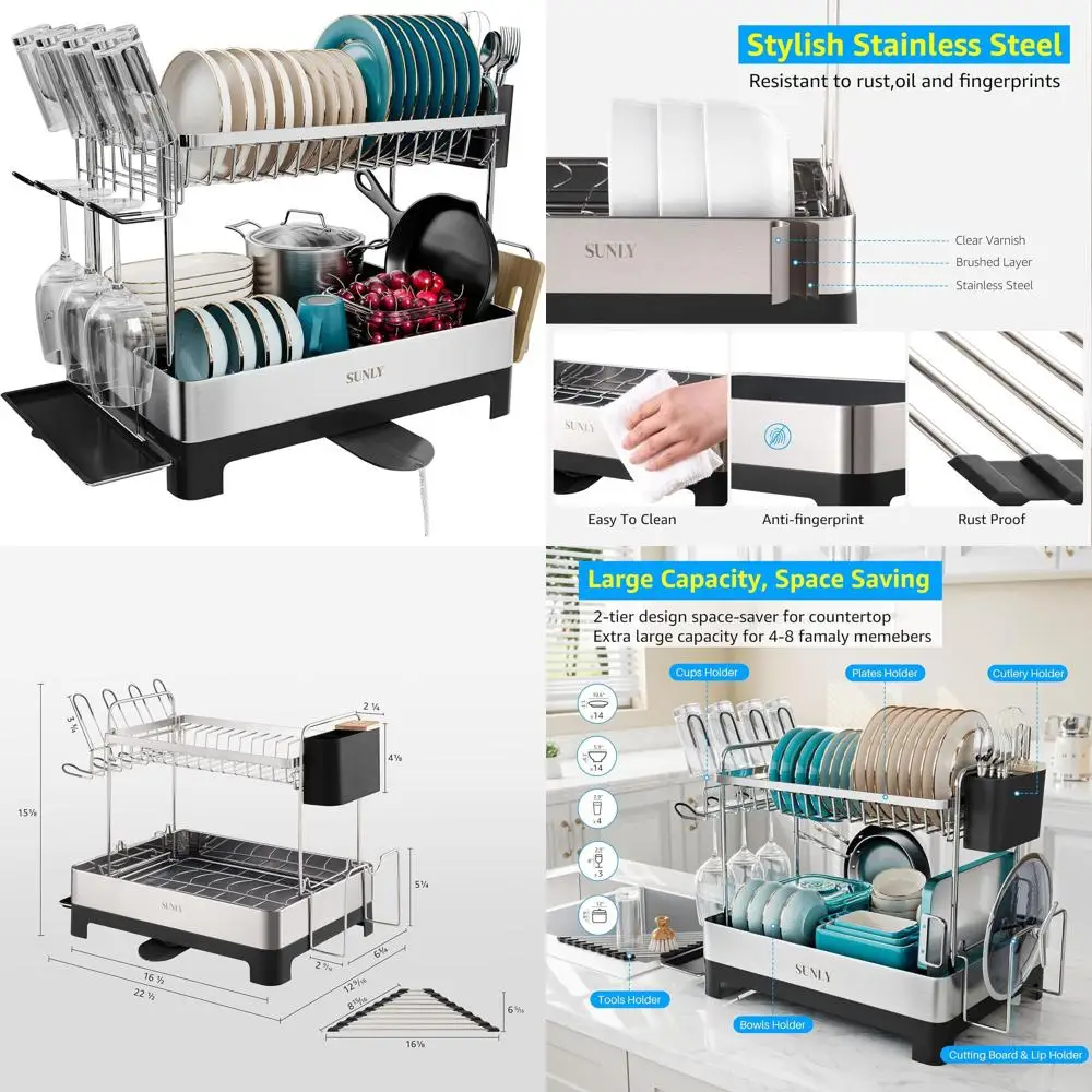 

Extra Large 2-Tier Stainless Steel Dish Drying Rack with Drain Spout, Black