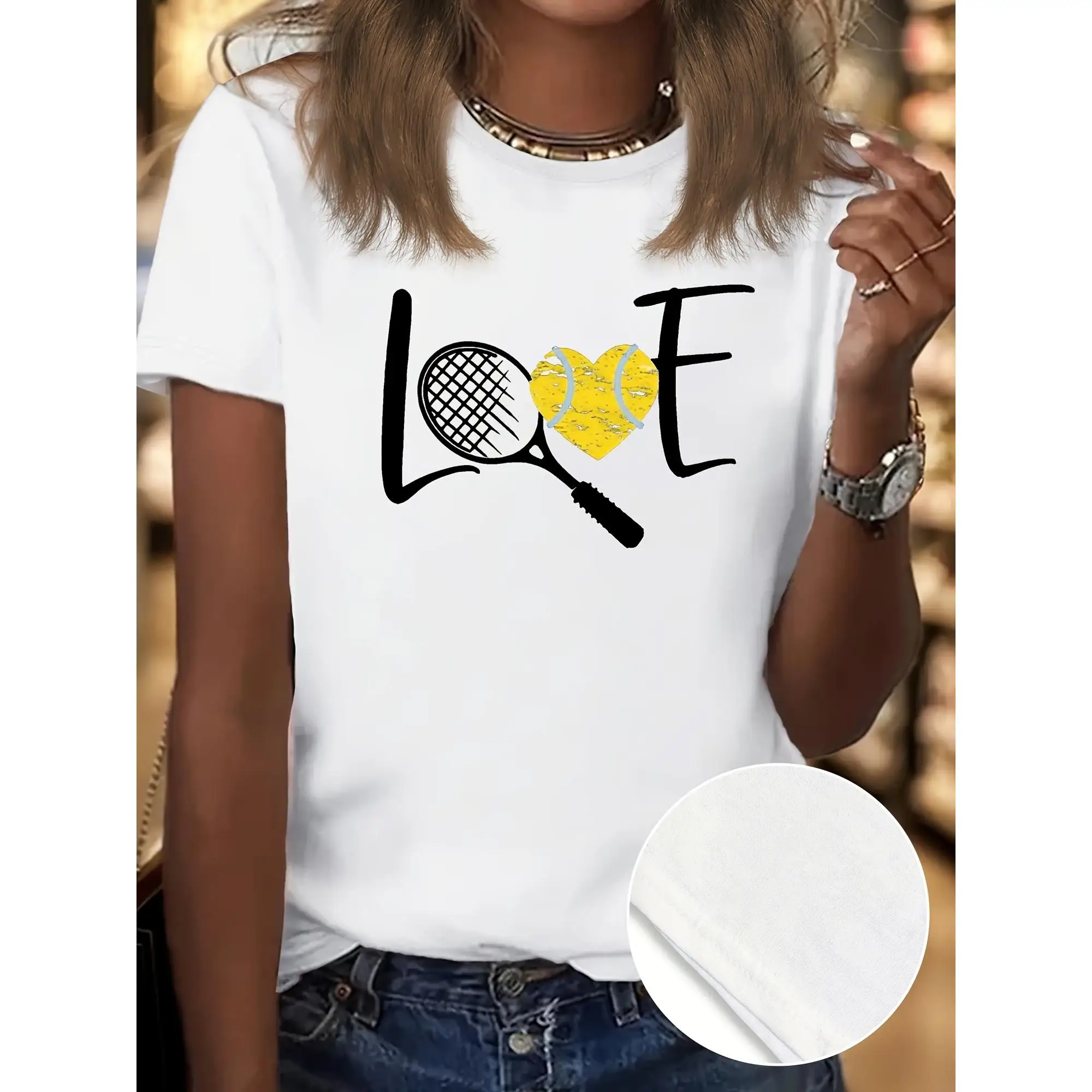 

Women's 180g Cotton T-Shirt - Soft Breathable Short Sleeve Round Neck Casual Top with Love Tennis Graphic Print,Machine Washable