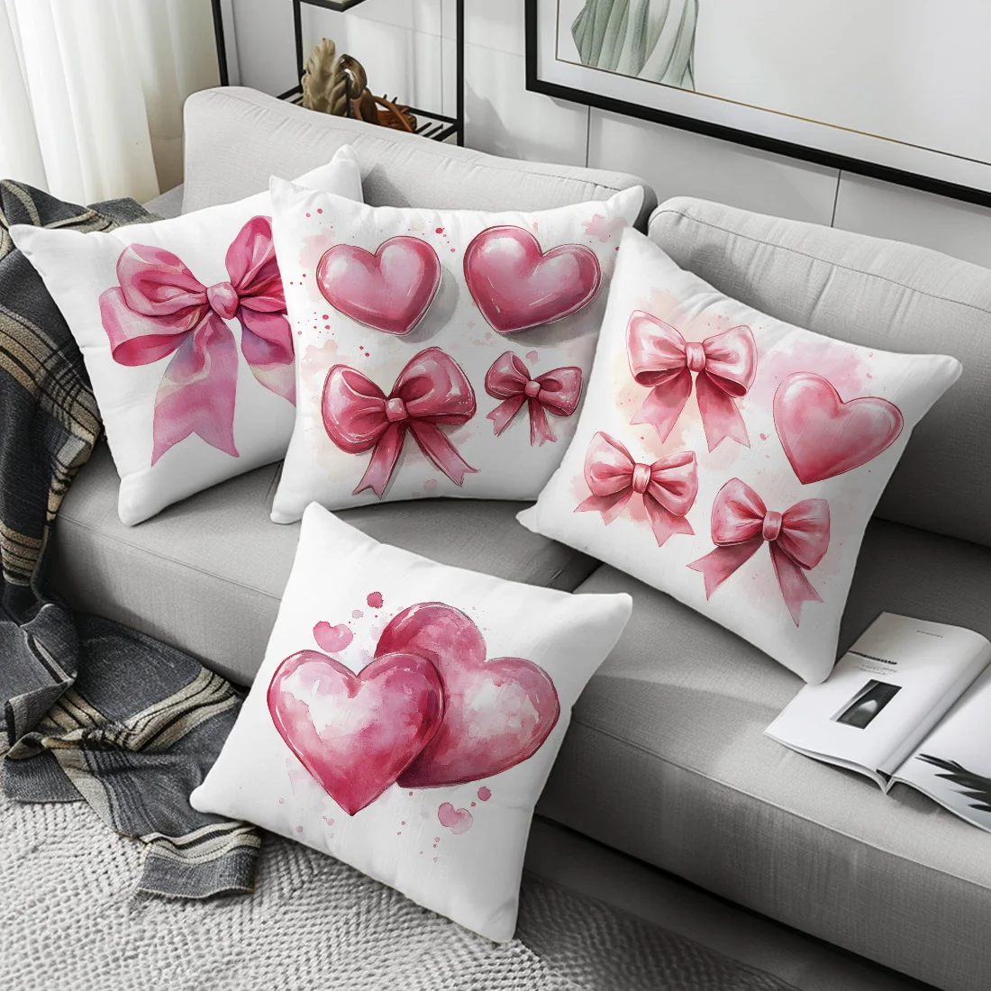 

Love Bow Print Home Decor Cushion Cover For Living Room Bedroom Sofa Square Office Decorative Pillowcase Soft Throw Pillow Cover
