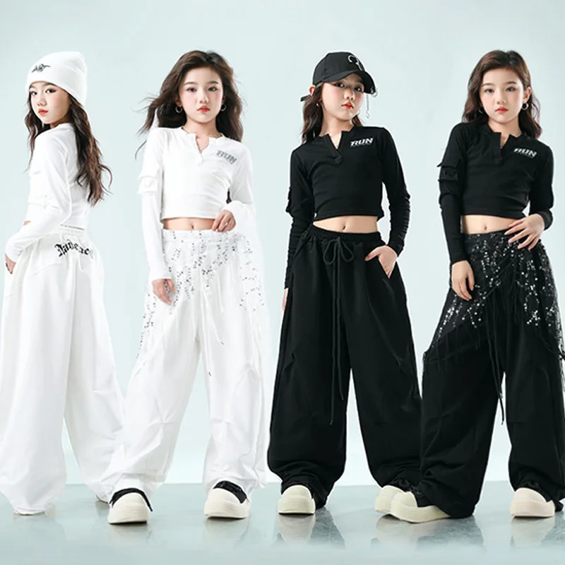 

Jazz Dance Children's Clothing Black Crop Tops Shuffle Pants White Hip Hop Trousers Urban Dance Costume Street Dance Wear 3087