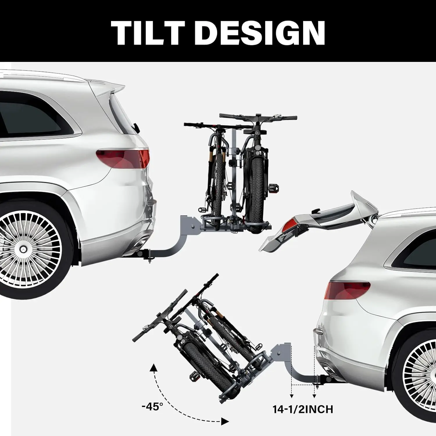 Foldable 2-Bike Hitch Rack for Car, Quick Release Handle, Tilting Design Fits Standard, Fat Tire and E-Bikes, 180 lbs Capacity