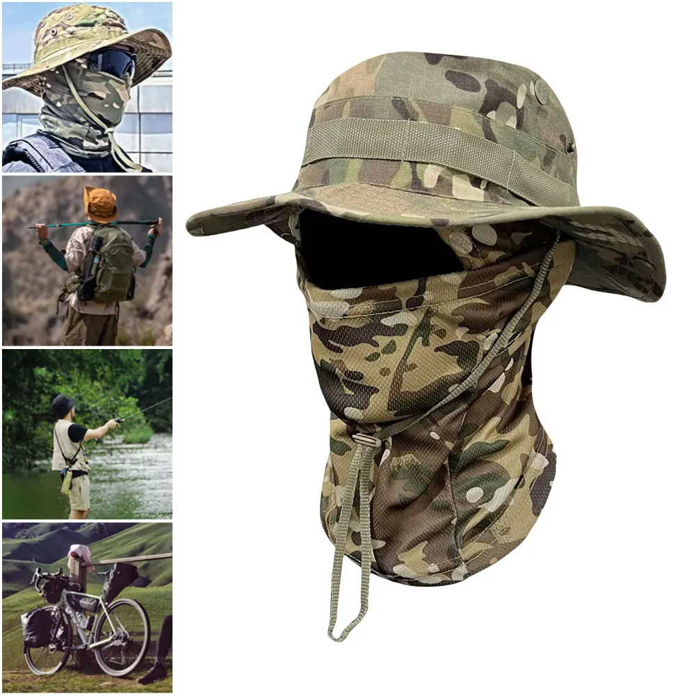 Boonie Hat بالاكلافا قناع الوجه الكامل مجموعة واسعة حافة قبعة الشمس حماية الشمس قبعة الصيد للرجال النساء الصيد التنزه التخييم