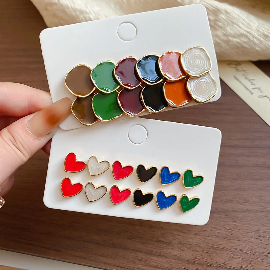12 pçs multi-cor gotejamento óleo quadrado coração brincos para mulheres bonito pequeno irregular orelha studs diário namoro conjuntos de jóias f