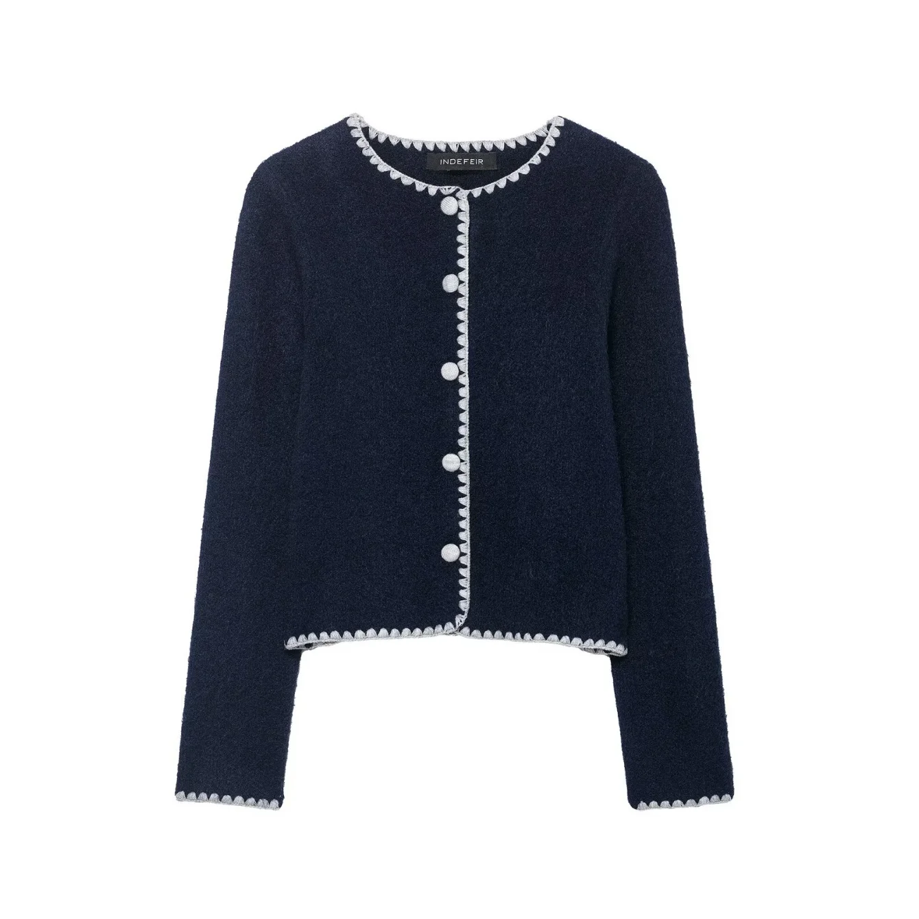 

Women Elegant Deep Blue Knitted Cardigan Female O-Neck Single Breasted Long Sleeved Sweater Jacket Contrasting Color Knitted Top