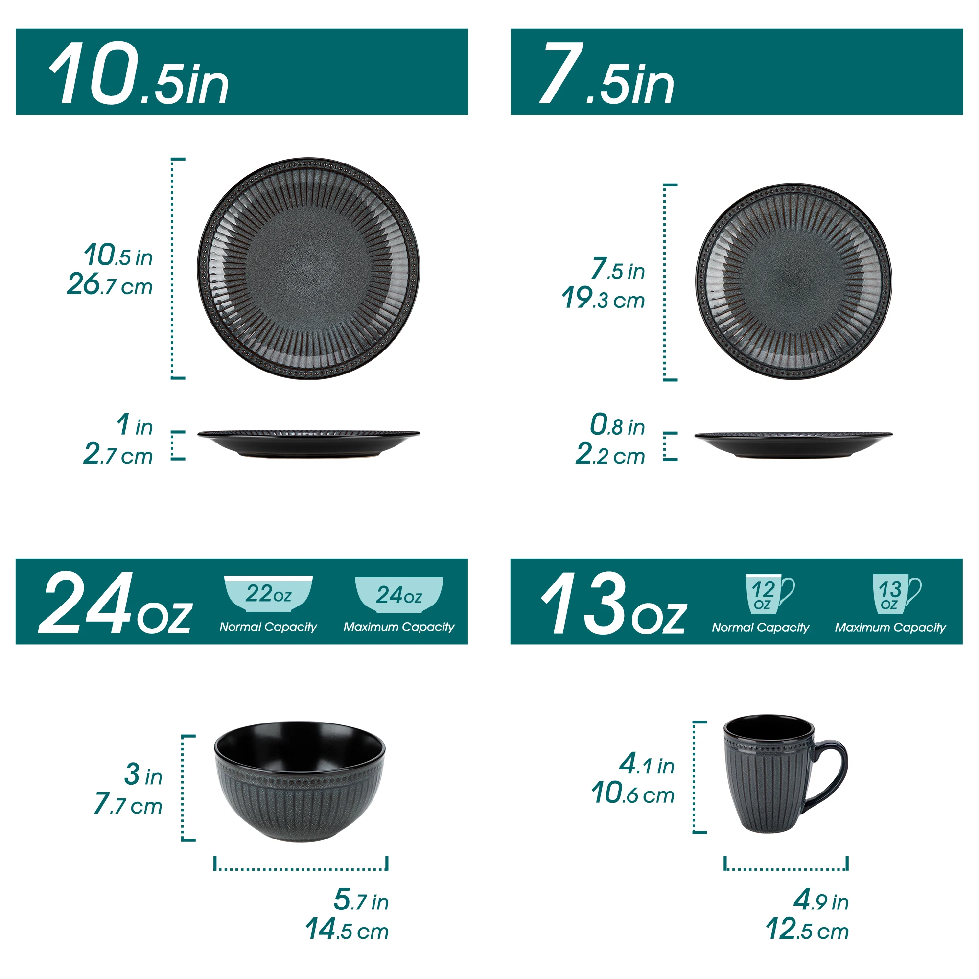 vancasso 16/32 Piece Relief Ceramic Plates Set Black Elegent Tableware set with 4/8 PCS Dinner Plate/Dessert/Cereal Bowl/Mug