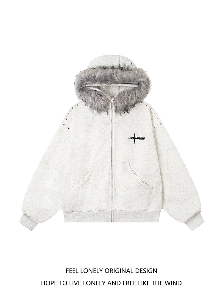 American Style Beaded Large Fur Collar Letter Embroidery Hooded Jacket Unisex Casual Loose Fashion Trend Zipper Sweatshirt