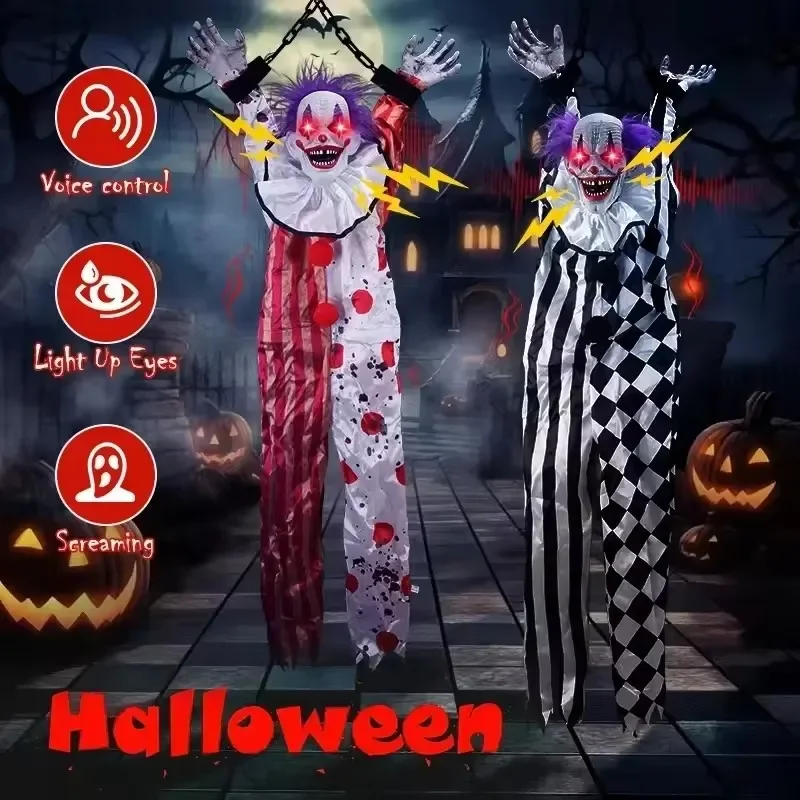 Halloween Hanging Clown Sound Activated Talking Scary Prop with Glowing Red Eyes Touch Sensor for Home Party Haunted Decor