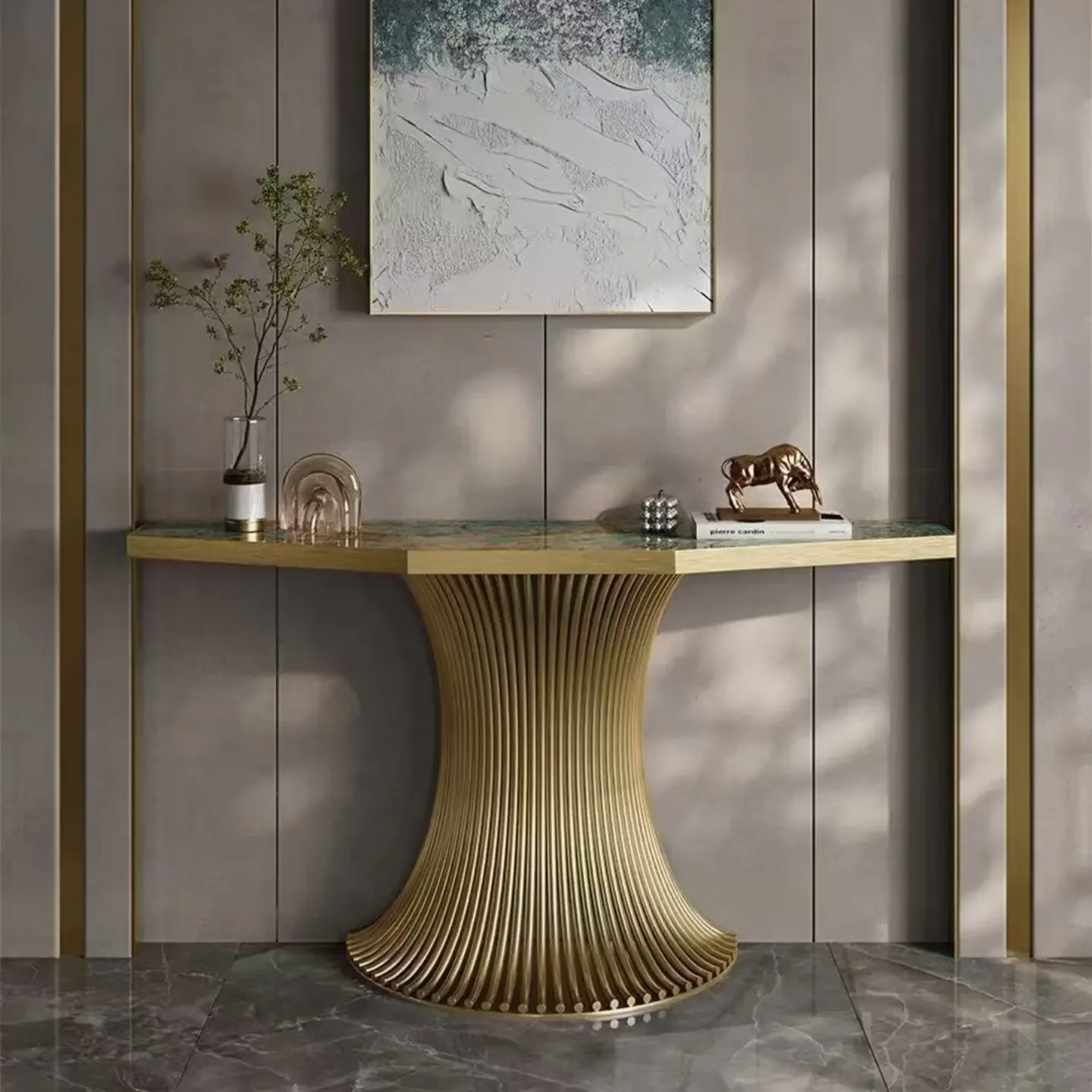 Simple special-shaped emerald stainless steel entrance table aisle partition personalized entrance platform light luxury