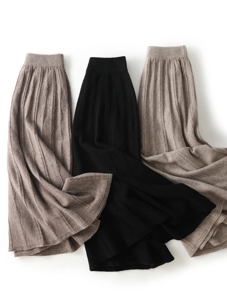 

2025 New Women Wool Skirt Autumn Winter Long Pleated Skirt 100% Merino Wool Knitwear Grace Soft Dress Popular Umbrella Skirt