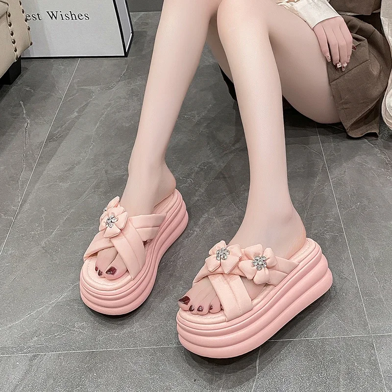 Summer Women Slippers Flip-Flops Ladies Beach Bling Shoes Wedge Heels Shoes Woman High Platform Slippers Outside Sandals 7.5CM