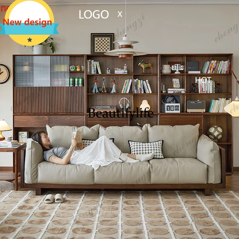D8000    Straight row sofa Nordic style living room solid wood leather sofa modern simple small apartment