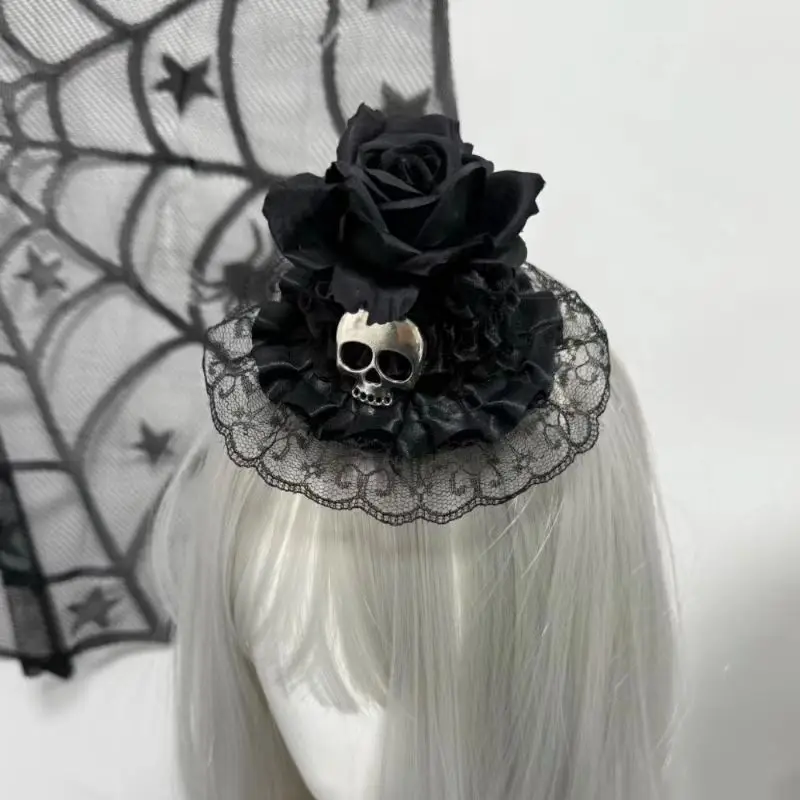 Subculture Y2k Girls Lace Headwear Gothic Skeleton Small Hat Hair Accessories Black Rose Lace Hairpin