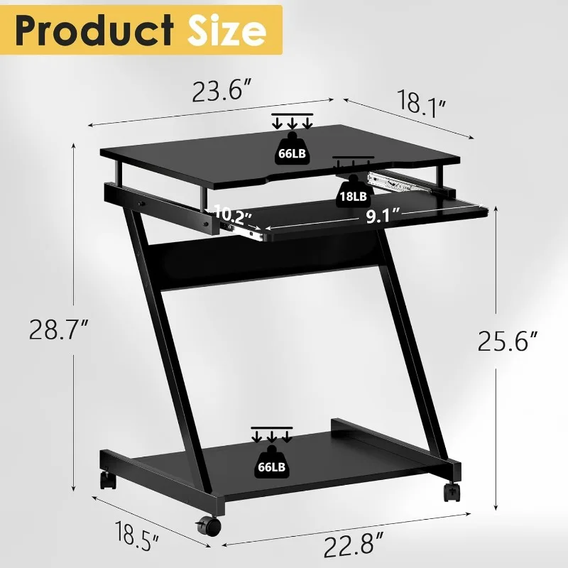 Mobile Computer Desk, Small Rolling Work Workstation for Home and Office with Printer Shelf, Keyboard Drawers