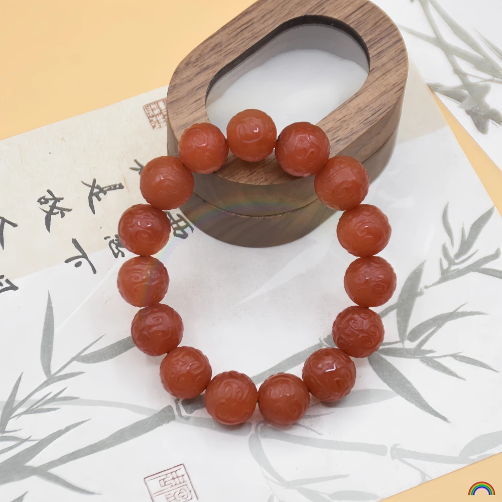 Natural Salt Source Agate Cloud Pattern Bracelet for Men and Women, Carved Jade Bead Round Bead Bracelet, Rwbuy Brand Design