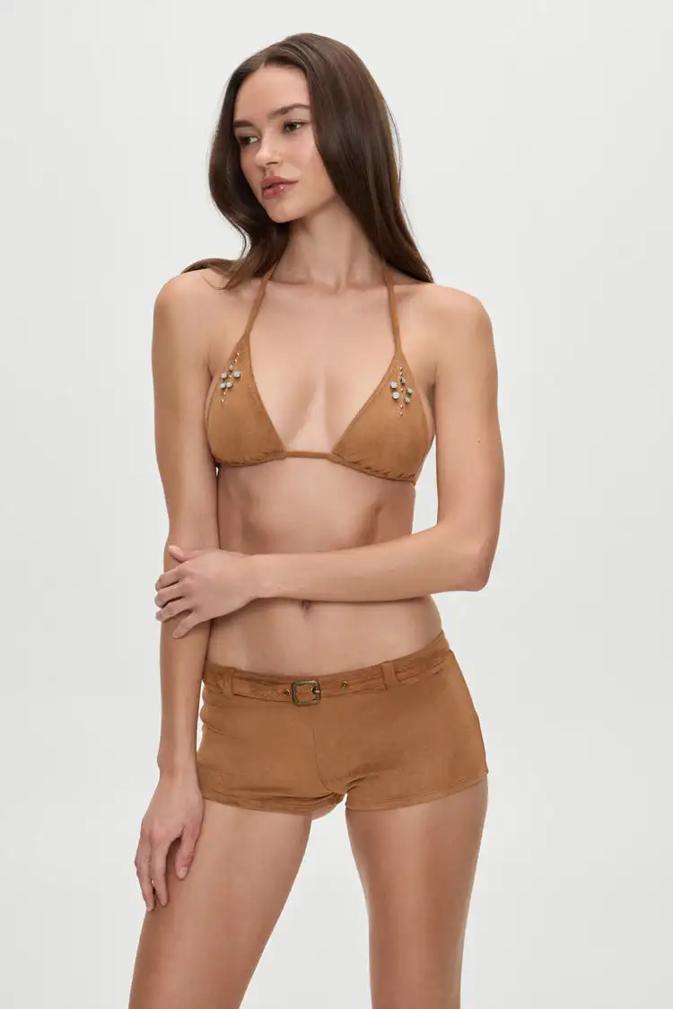 

Frankies Brown Suede Sexy Women's Buttocks Shorts Adjustable Belt Design Western Style Short Hot Pants