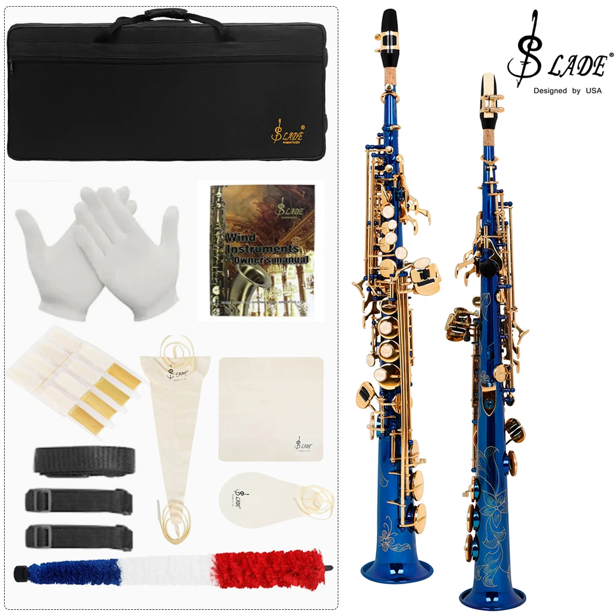 

SLADE синий золотой ключ сопрано прямой саксофон деревянный духовой инструмент резьба узор с чехлом для переноски набор для чистки для начинающих