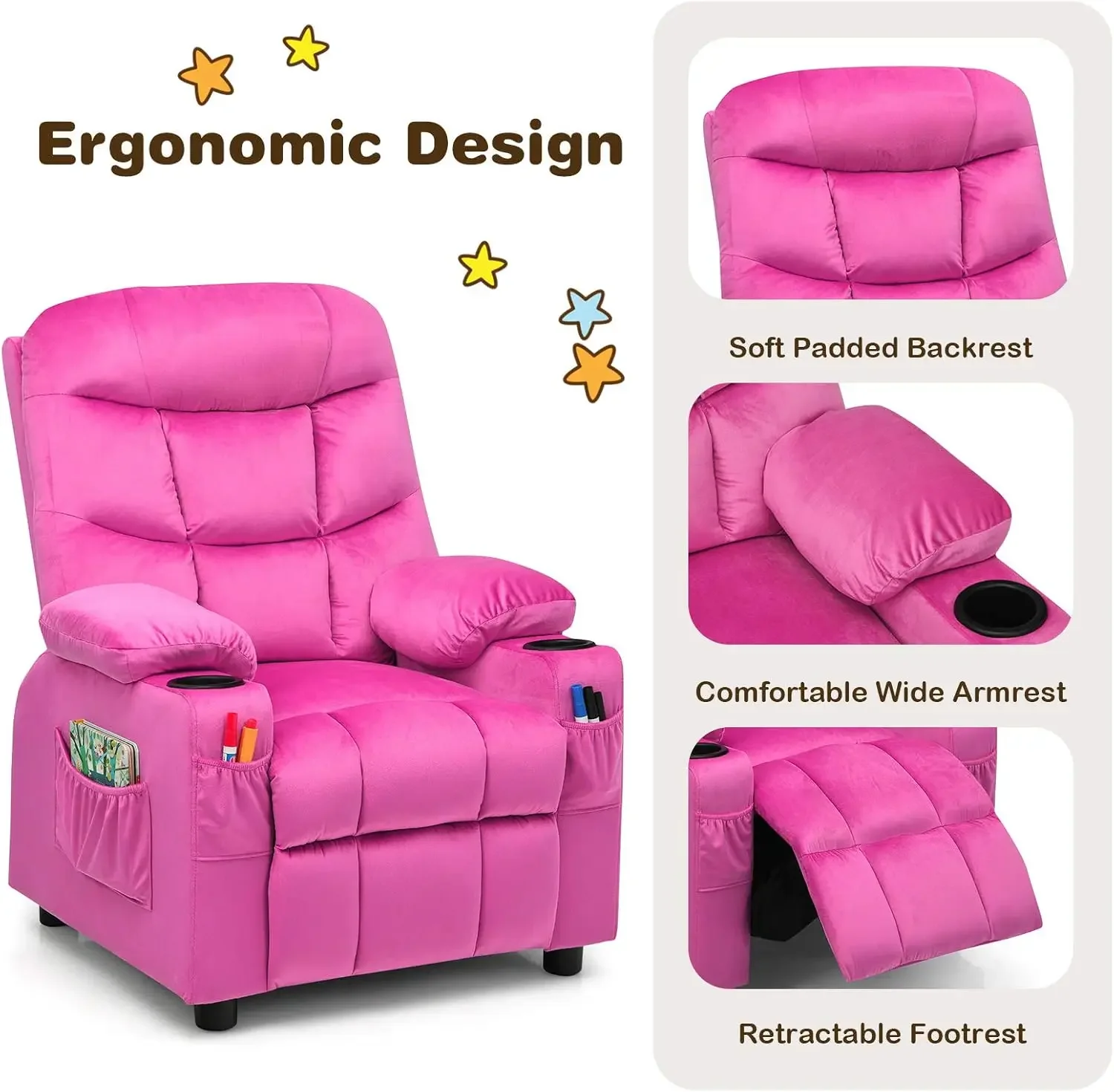 Kids Velvet Recliner Chair with Cup Holder, Footrest & Side Pockets for Children Boys Girls Baby Bedroom, Adjustable, Ergonomic