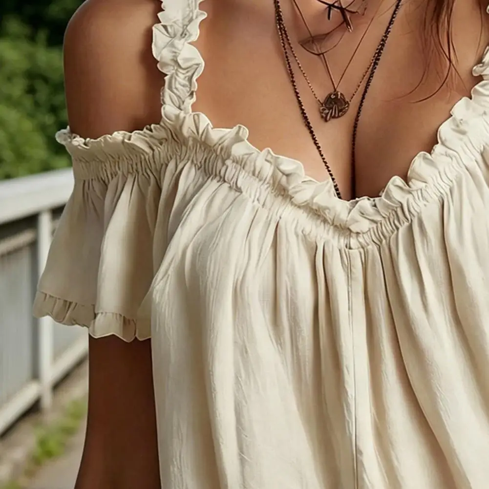 Loose Tops Women’s Off Shoulder Tops Ruffle Collar T-shirts Loose Fit Summer Blouses with Shoulder Straps Short Sleeves Pure