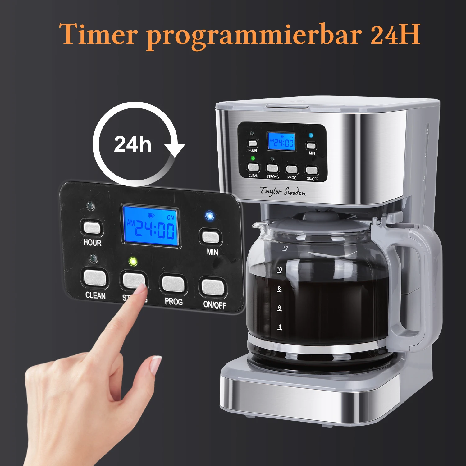 ماكينة صنع القهوة TAYLOR SWODEN بقدرة 950 وات مع مؤقت، ماكينة صنع القهوة بفلتر 1.5 لتر، 12 كوب، إيقاف تلقائي، توقف بالتنقيط، فلتر قابل لإعادة الاستخدام