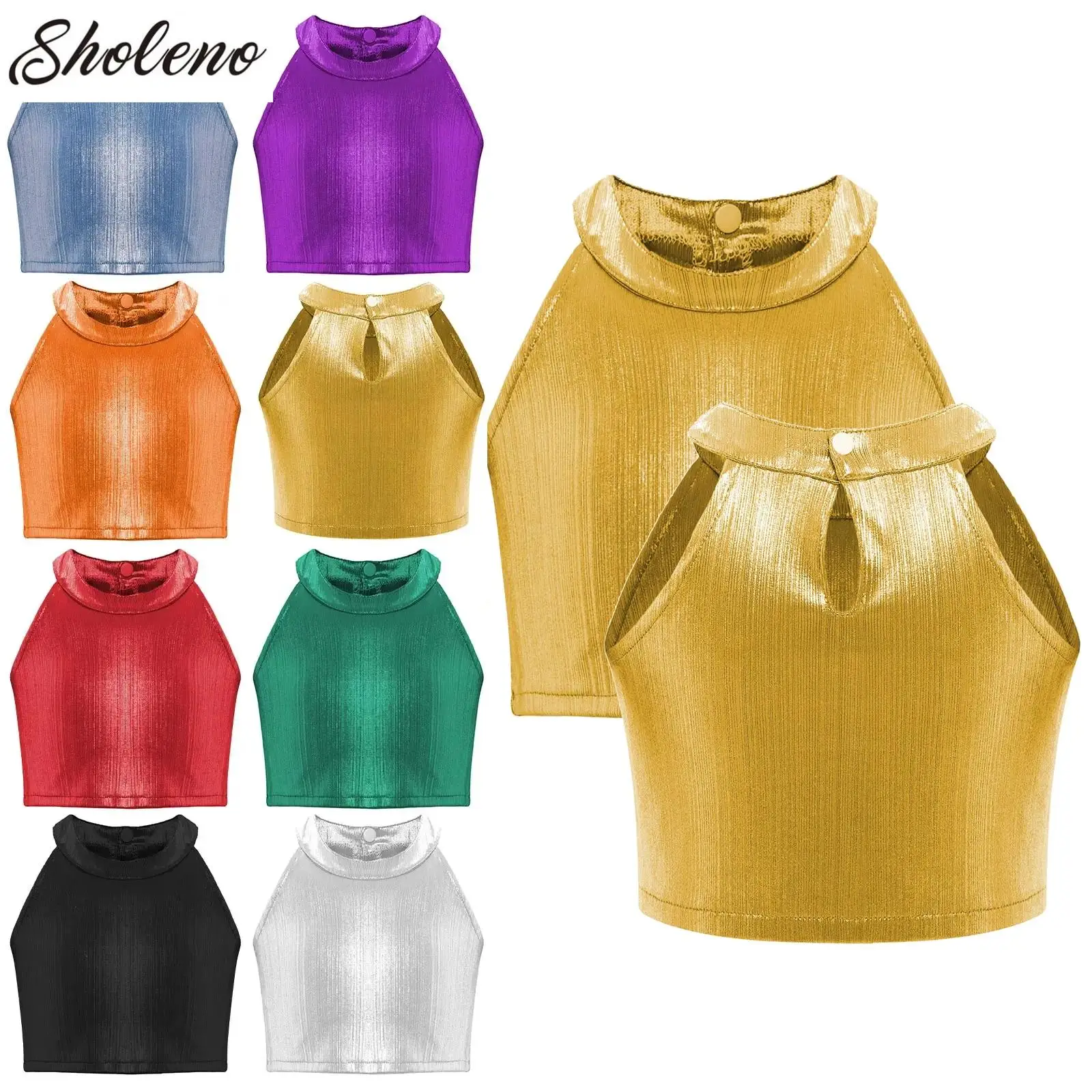 

Kids Girls Shiny Shimmery Jazz Dance Crop Top Sleeveless Camisole T-Shirts Tops for Figure Skating Ballet Gymnastics Performance