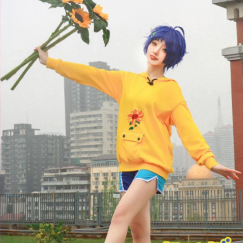 Wonder Egg Priority Fiugre Cosplay Anime Ohto Ai Cosplay Costumes  Hoodies Blue Wig Suit Woman Yellow Sweatshirt Halloween Role