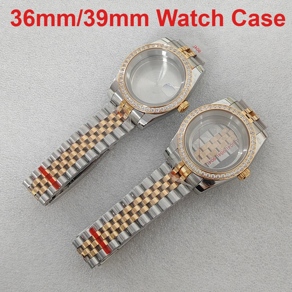 Корпус часов Oyster 36 мм/39 мм с бриллиантами + пять бусин, средний золотой ремешок для часов, сапфировое стекло для механизма NH35, 3 атм