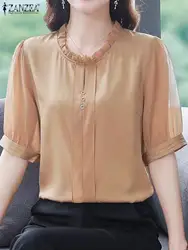 ZANZEA Elegant Women Blouse 2024 Summer Puff Short Sleeve Tops Shirt Fashion Ruffle Round Neck Tunic Vintage Office Lady Blusas