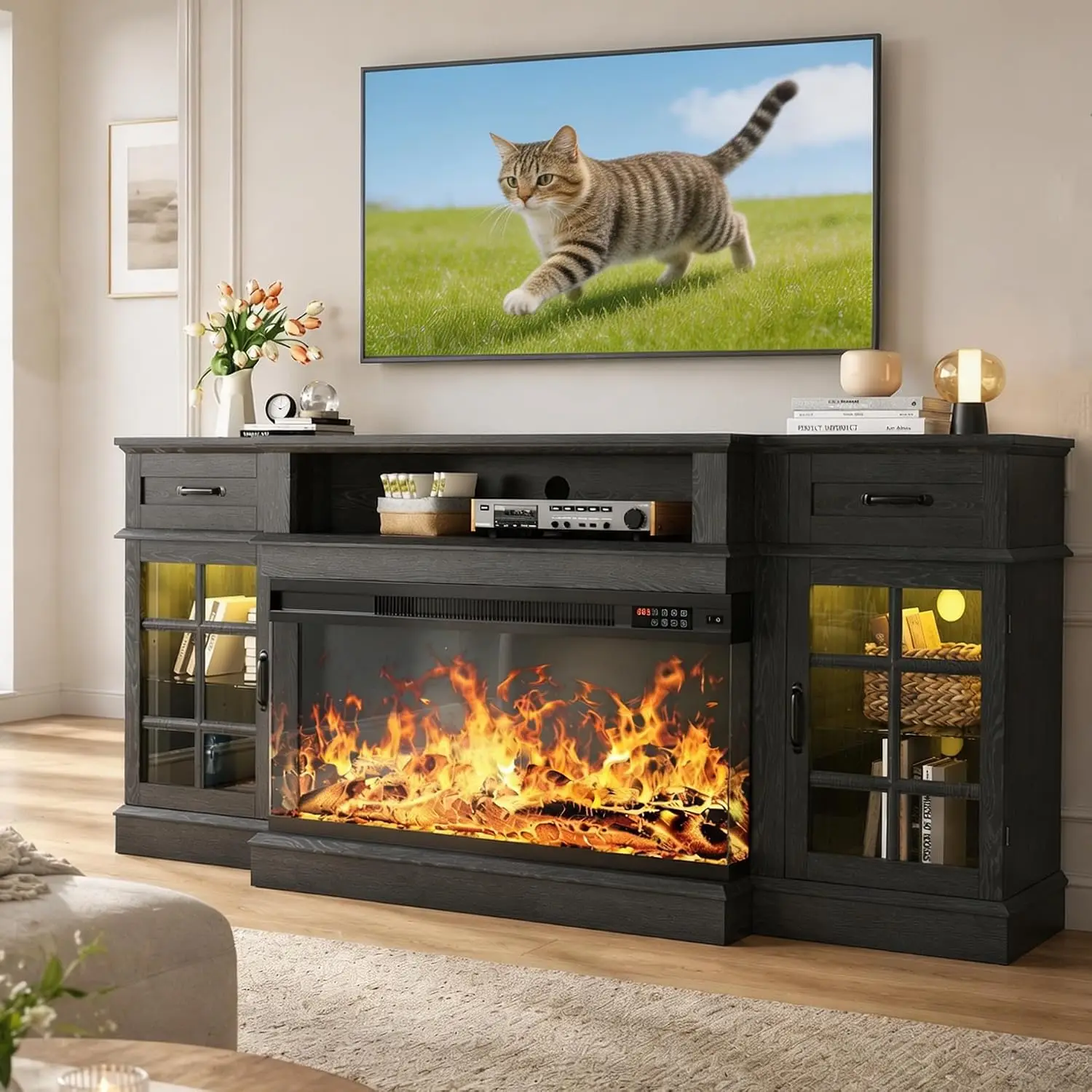 70'' Farmhouse TV Stand With 36'' Electric Fireplace, 3-Sided Glass, LED Flame, Storage For Living Room, Customized